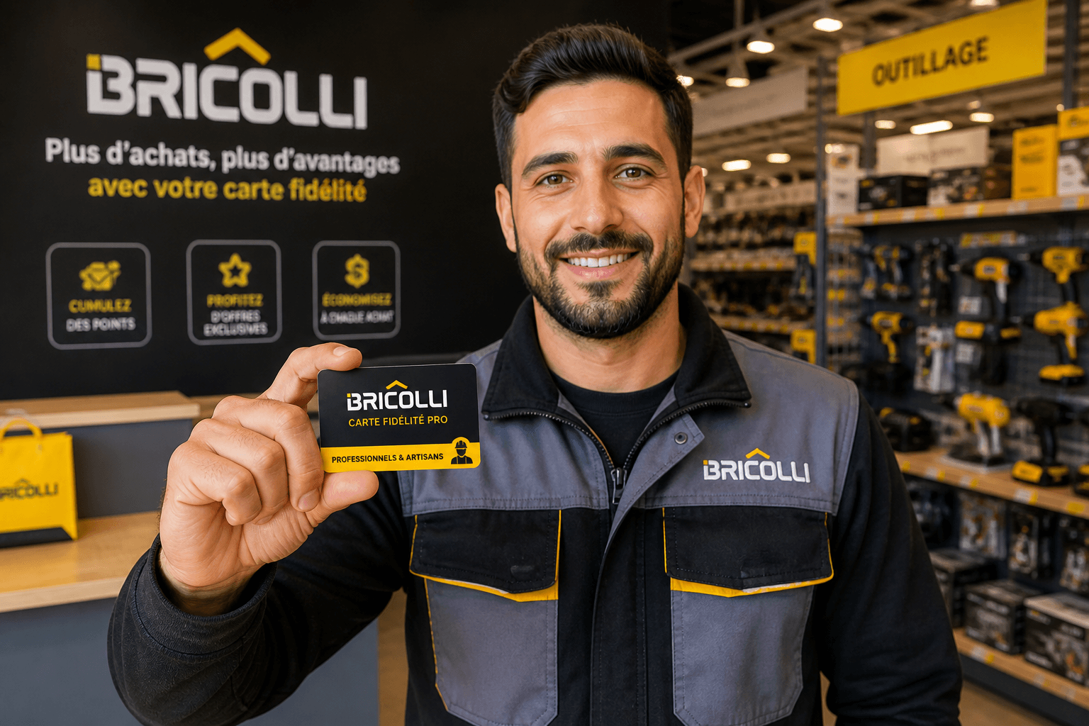 Technicien BRICOLLI présentant la carte fidélité PRO